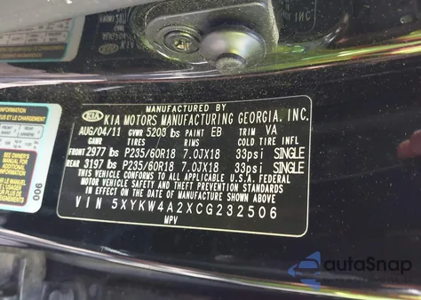 2012 Kia Sorento Sx V6 z USA, uszkodzony, nr VIN 5XYKW4A2XCG232506